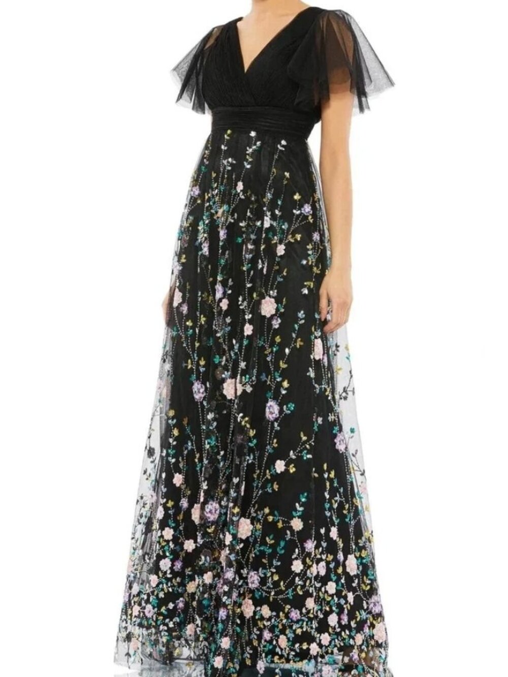 Mac Duggal Black Multi Floral Embellished A-Line Tulle Gown